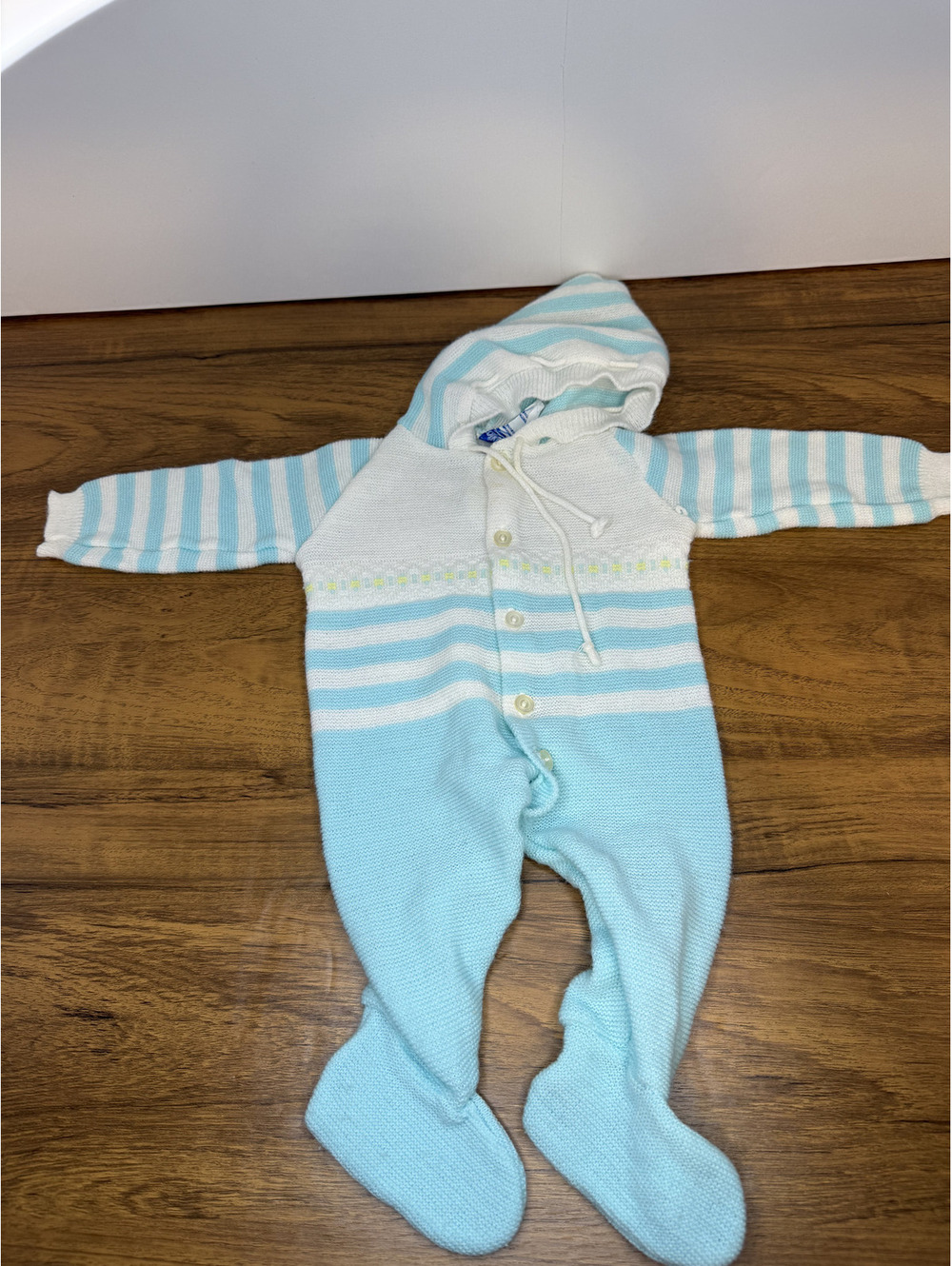 Vintage Atkins Baby Knit One-Piece Blue & White Striped Button-Front Outfit